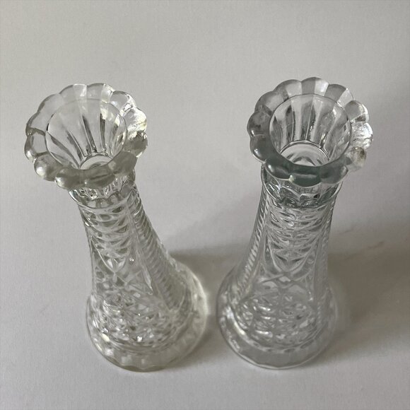 2 Vintage Anchor Hocking Clear Glass Bud Vases Stars Bars Starburst 9" - Picture 2 of 5